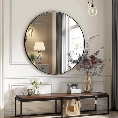 Sunniry Round Mirror 28 inch, Round Black Mirror, Matte Black Metal Frame
