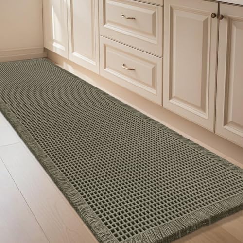 IM HOME Waffle Bath Mat Olive Green 5'x2', Boho Woven Modern Bath Mat Rugs, Absorbent Non Slip Bathroom Rugs, Soft Washable Bath Rugs with Tassels for Bathroom, Bedroom, Kitchen, Shower, Tub