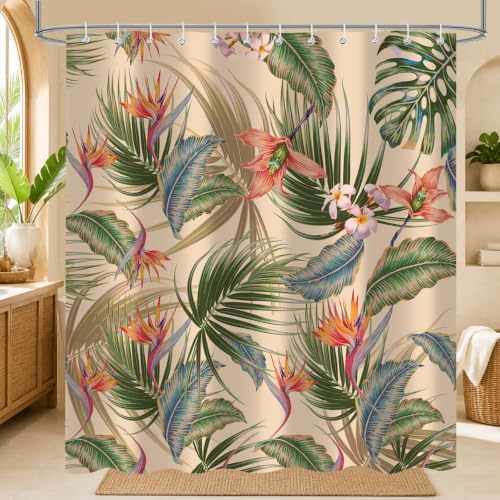 Tropical Shower Curtain, Colourful Leaves Floral Palm Leaf Hawaiian Botanical Plant Bathroom Decor, Waterproof Cloth Fabric Bath Curtain with Hooks 72 x 78 inch