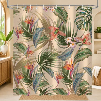 Tropical Shower Curtain, Colourful Leaves Floral Palm Leaf Hawaiian Botanical Plant Bathroom Decor, Waterproof Cloth Fabric Bath Curtain with Hooks 72 x 78 inch