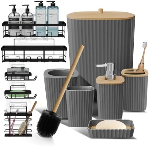 Clara Clark Bathroom Set - Grey Bathroom Accessories Set, 6PC Bathroom Accessory Set, Bathroom Sets with Adhesive Corner Shower Caddy Hanging, Toilet Brush, Trash Can & Soap Dispenser