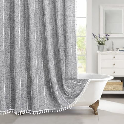 Boho Tassel Linen Shower Curtain,3D Embroidery Stripe Charcoal Grey,72x84