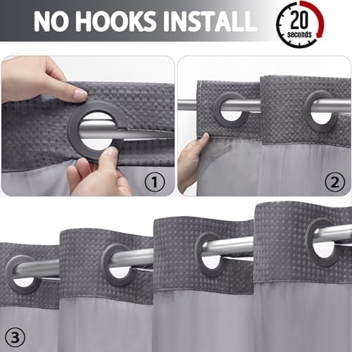 No Hook Shower Curtain with Liner Set Hotel Waffle Dark Grey 72W X 81L