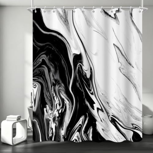 Black Marble Shower Curtain Modern Abstract Luxury Fluid Ink Texture Watercolor Bathroom Curtain Set with Hooks Soft and Lightweight Waterproof Fabric Machine Washable 48" Wx72 L