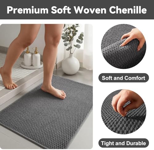Triohero Bathroom Rugs Non Slip Washable, Super Absorbent Thin Bath Mat Small Quick Dry Low Pile Bathroom Rug, Dark Grey 20"x30"
