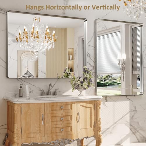 LOAAO 48X36 Inch Brushed Nickel Bathroom Mirror