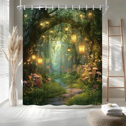 Fantasy Forest Path Shower Curtain Fairy Magical Enchanted Misty Jungle Mushroom Floral Tree Butterfly Lantern Wonderland Plant Bath Curtain Fabric Bathroom Accessories Decor with Hooks 90W x70L