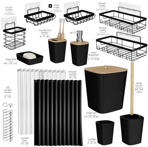 Clara Clark Black Bathroom Set, Shower Curtain Set and Shower Caddy Hanging