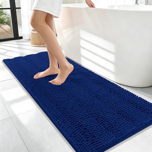 OLANLY Thick Bathroom Runner Rugs 47x17, Soft Chenille Long Bath Rugs, Navy