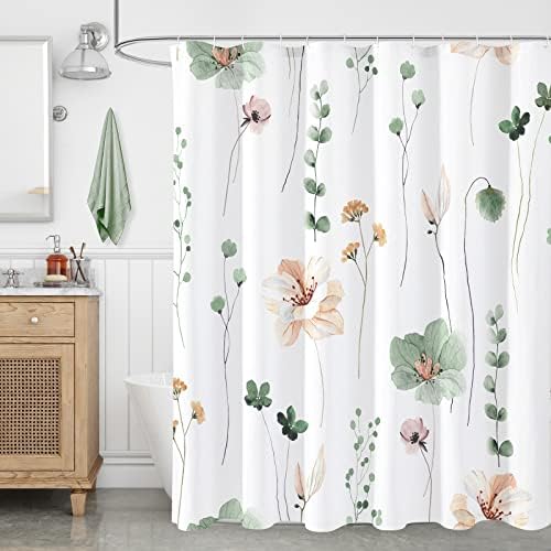 Gibelle Sage Green Beige Watercolor Floral Fabric Shower Curtain, 72x96