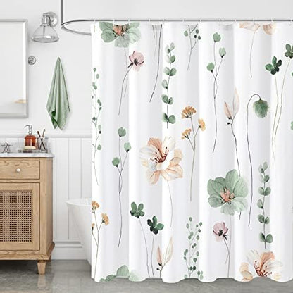Gibelle Sage Green Beige Watercolor Floral Fabric Shower Curtain, 72x96