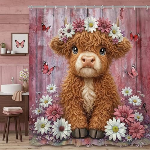 Cute Cow Shower Curtain, Farmhouse Rustic Pink Floral Daisy Highland Cow Shower Curtains for Bathroom, Calf Country Farm Animal Garden Plant Fabric Bathroom Decor with Hooks, 54x72 inch