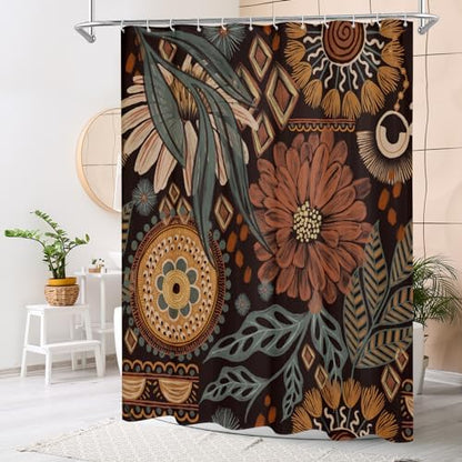 Dark Floral Shower Curtain, Vintage Botanical Boho Fabric Curtain, 72 x 84