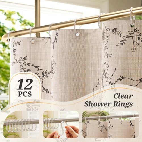 Vintage Black Floral Shower Curtain with 12 Clear Rings - 72" W x 72" L