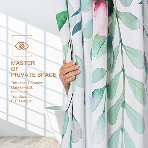 Watercolor Eucalyptus Shower Curtain, Spring Shower Curtain Green Leaves with Blooming Floral, Polyester Fabric Waterproof Shower Curtain Sets Machine Washable Decor Home Farmhouse Bath Curtain