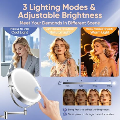 FUNTOUCH 9" Rechargeable Wall Mounted Makeup Mirror with Lights 1X/30X