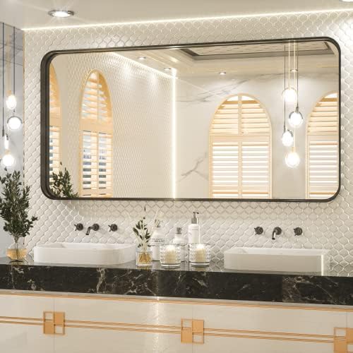 TETOTE 60 x 30 Inch Black Vanity Mirror, Rectangle Matte Metal Frame for Bathroom, Modern Round Corner Wall Mounted Mirror (Horizontal/Vertical)