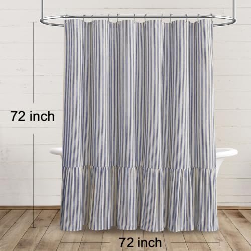 Farmhouse Shower Curtain Ruffle Linen Cream-Blue Stripe 72"W x 72"L