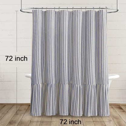 Farmhouse Shower Curtain Ruffle Linen Cream-Blue Stripe 72"W x 72"L