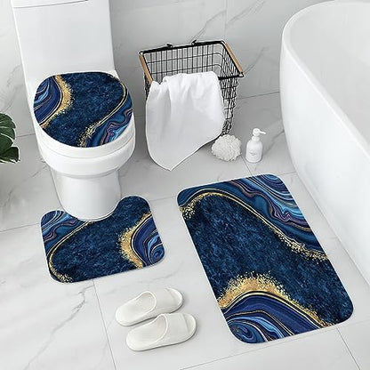 Gibelle 4 Pcs Luxury Marble Shower Curtain Set with Non-Slip Rugs, Toilet Lid Cover and Bath Mat, Gold Foil Navy Blue Bathroom Decor Set with Shower Curtain and Rugs and Accessories