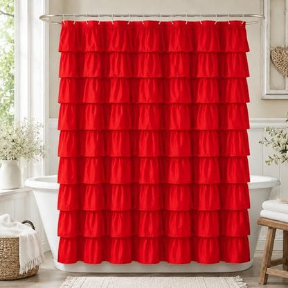 Red Ruffle Shower Curtain for Bathroom, 72x72, Cottagecore Rural Farmhouse