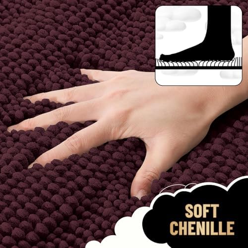 OLANLY Thick Bathroom Rugs 30x20, Chenille Striped Bath Rugs, Black Cherry