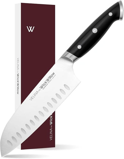 WICKWILLOW 7-Inch Santoku Knife - German X50CrMoV15 Steel, Hollow Edge Kitchen Knife for Meal Prep, Vegetables, Herbs & Boneless Proteins - Razor-Sharp, Full Tang, Ergonomic Handle, Gift Box