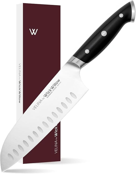 WICKWILLOW 7-Inch Santoku Knife - German X50CrMoV15 Steel, Hollow Edge Kitchen Knife for Meal Prep, Vegetables, Herbs & Boneless Proteins - Razor-Sharp, Full Tang, Ergonomic Handle, Gift Box