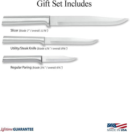Rada Cutlery Housewarming Gift Set (S02) 3-Piece Knife Set with Quick Edge Sharpener (R119), Stainless Steel Blades, Silver Handle