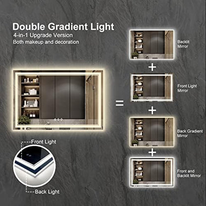LED Bathroom Mirror, 48x32 Inch Gradient Front and Backlight Lighted Vanity Mirror, 3 Colors Dimmable CRI>90 Double Lights, IP54 Enhanced Anti-Fog, Hanging Plate Wall Mount LED Light Mirror