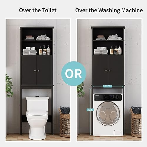 Shintenchi Over the Toilet Storage Cabinet, Bathroom Above the Toilet Rack, Bathroom Adjustable Shelf Organizer with Open Bottom Bar and Anti-Tip Device, Black