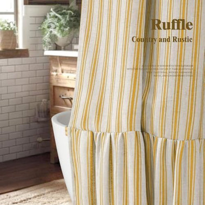 Farmhouse Shower Curtain Ruffle Linen Cream-Yellow Stripe 72"W x 72"L