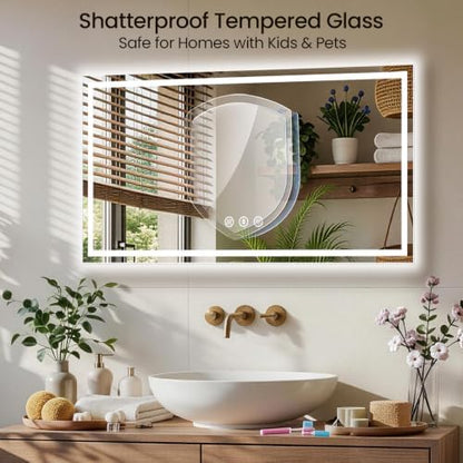 48"x40" LED Bathroom Mirror with Anti-Fog, Backlit & Front Lights, Memory
