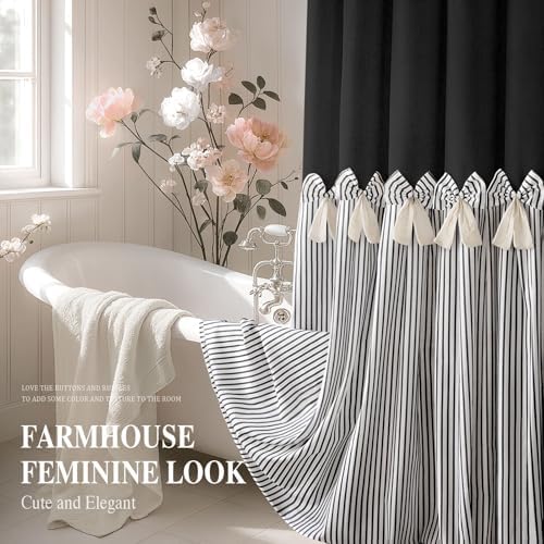 Farmhouse Shower Curtain Linen Bow Pleated Black Stripe 72"W x 78"L