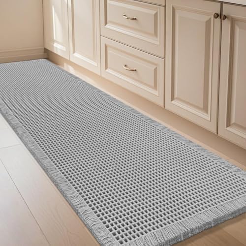 IM HOME Waffle Bath Mat Light Grey 5'x2', Boho Woven Modern Bath Mat Rugs, Absorbent Non Slip Bathroom Rugs, Soft Washable Bath Rugs with Tassels for Bathroom, Bedroom, Kitchen, Shower, Tub