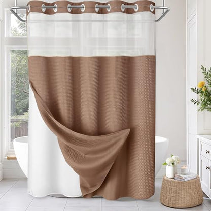 No Hook Shower Curtain with Liner Set Hotel Waffle Mocha Brown 72W X 75L