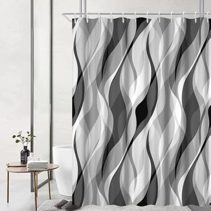 Grey Striped Shower Curtain with Hooks for Bathroom 72x96 Inch