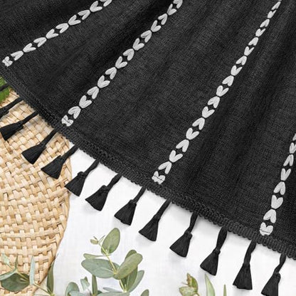 Boho Striped Tassel Linen Shower Curtain,3D Embroidery Stripe Black,60x72