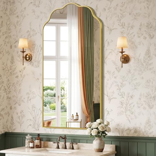 Gold Arched Mirror, 24×48Inch Scalloped Mirror for Bathroom, Wavy Wall Mounted Vanity Mirror with Aluminum Alloy Frame for Livingroom Bedroom and Entryway, Tempered Glass