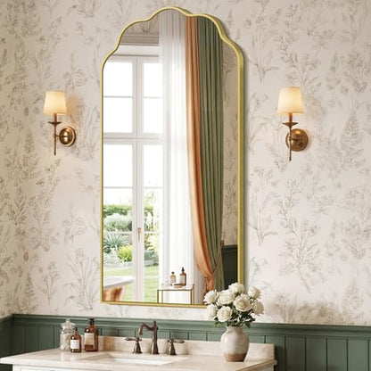 Gold Arched Mirror, 24×48Inch Scalloped Mirror for Bathroom, Wavy Wall Mounted Vanity Mirror with Aluminum Alloy Frame for Livingroom Bedroom and Entryway, Tempered Glass