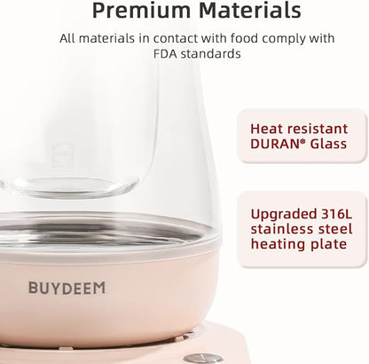 BUYDEEM Health Pot K2763-BA-PK Lite, Glass Electric Kettle for Tea & Coffee, Hot Water Boiler and Wamer with Stew Pot, Temperature Control, Pink, 1.5L