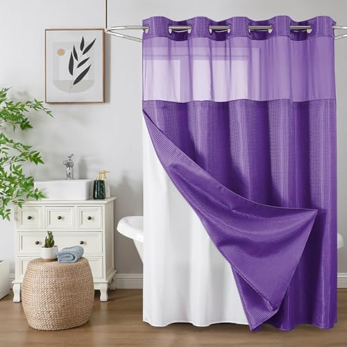 Colorful Star Purple No Hook Waffle Shower Curtain with Liner, 72"W x 75"L