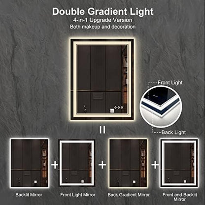 LED Mirror, 28x36 Inch Gradient Front and Backlight Lighted Mirror, 3 Colors Dimmable CRI>90 Double Lights, IP54 Enhanced Anti-Fog, Hanging Plates Wall Mount LED Bathroom Mirror