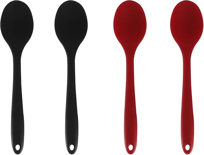 Zorfeter 4 Pcs Small Silicone Spoons, Nonstick Kitchen Spoon Heat Resistant Stirring Serving Spoon for Kitchen Cooking Baking Mixing Tools(Red+Black)