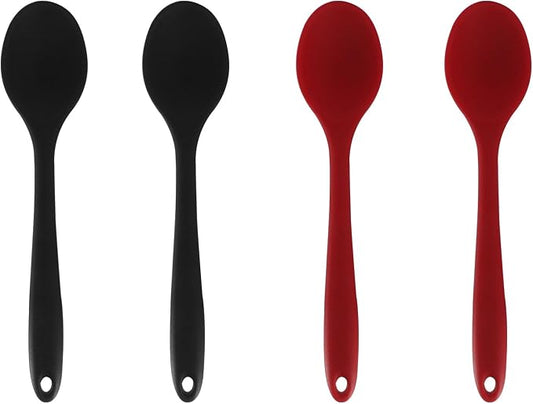 Zorfeter 4 Pcs Small Silicone Spoons, Nonstick Kitchen Spoon Heat Resistant Stirring Serving Spoon for Kitchen Cooking Baking Mixing Tools(Red+Black)