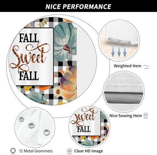 Fall Pumpkin Harvest Autumn Shower Curtain for Bathroom 72W*72H Inch Thanksgiving Rustic Black White Buffalo Plaid Maple Bathtub Autumnal Decor Waterproof Polyester Fabric Set with 12 Hooks