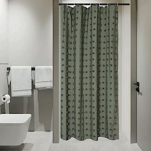Siiluminisoy Small Stall Green Boho Shower Curtain Woven Fabric Cute Shower Curtain, 36 x 72 Tufted Pleat Floral Textured Modern Farmhouse Minimalist Shower Curtain Set with Hooks for Bathroom