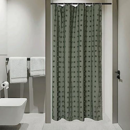 Siiluminisoy Small Stall Green Boho Shower Curtain Woven Fabric Cute Shower Curtain, 36 x 72 Tufted Pleat Floral Textured Modern Farmhouse Minimalist Shower Curtain Set with Hooks for Bathroom