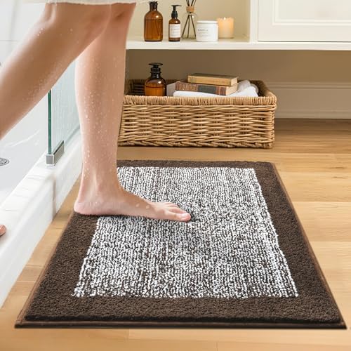 Bathroom Rugs 24x17 Non Slip Washable, Soft Absorbent Bath Mat Brown