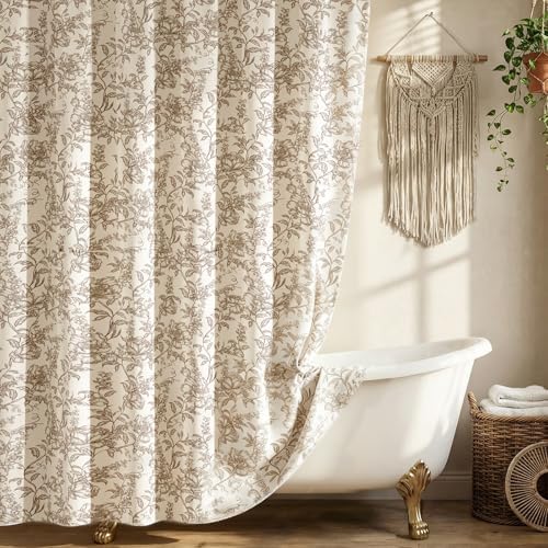 Farmhouse Brown Floral Shower Curtain with 12 Clear Rings 72"W x 72"L